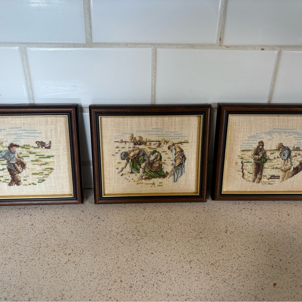 Set of Three Framed Cross-Stitch Artworks